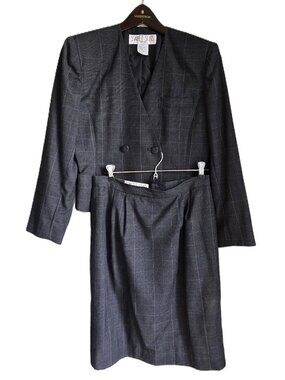 SWEET SUITS Blazer & Straight Skirt Suit Combo Black w/ Plaid Design Women's 10P